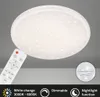 A white LED ceiling light with a remote control and feature icons. Náhled obrázku produktu