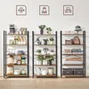 Three VASAGLE bookshelves are displayed against a white wall, showcasing various items on their shelves. The leftmost shelf holds kitchen items like a coffee maker, toaster, and jars. The middle shelf is filled with houseplants. The rightmost shelf display Produktbild-Vorschau