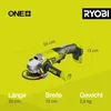 A product shot of a Ryobi angle grinder with dimensions indicated. Produktbild-Vorschau