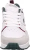A close-up, front-facing view of a white SKECHERS sneaker with maroon and green accents. Voir les images du produit