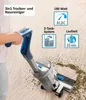 A person is using a cordless wet and dry vacuum cleaner on a carpeted floor, with scattered debris. Produktbild-Vorschau