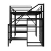 A black metal bunk bed with stairs and shelves, shown from a side angle against a white background. Náhled obrázku produktu