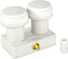 A white twin LNB satellite dish receiver with a gold F-connector on a white background. Produktbild-Vorschau