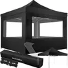 A black pop-up gazebo with transparent windows and accessories laid out in front of it. Produktbild-Vorschau