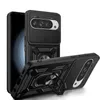 A black phone case with a camera cover and a ring stand is shown from multiple angles against a white background. Produktbild-Vorschau