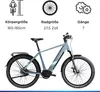 A gray electric trekking bicycle is shown against a white background, with icons and text above detailing its specifications. Produktbild-Vorschau