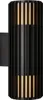 A black wall lamp with vertical slats and illuminated interior. Produktbild-Vorschau