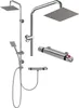 A collection of shower fixtures, including a showerhead on a rail, a separate showerhead on a hose, and two thermostatic shower valves, all presented against a white background. Produktbild-Vorschau