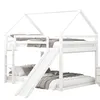 A white bunk bed with a slide and a house-shaped frame, set against a white background. Produktbild-Vorschau