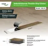 A close-up of a vinyl plank being peeled off its backing, with diagrams and text explaining its features and construction. Produktbild-Vorschau