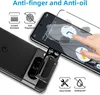 A smartphone screen protector and camera lens protector are shown with a smartphone and its case. Produktbild-Vorschau