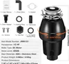 A garbage disposal unit with its accessories and specifications laid out. Podgląd zdjęcia produktu