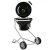 A black charcoal grill with a silver stand and wheels, shown on a white background with the lid open. Produktbild-Vorschau