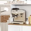 A beige espresso machine is shown on a kitchen counter next to a white cup and saucer. Text overlays describe features and list other kitchen appliances. Podgląd zdjęcia produktu
