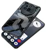 A smartphone case with a transparent back showing internal components and a smartphone with a minimalist UI. Produktbild-Vorschau