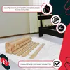 A black bed frame with wooden slats laid out on a white rug, with marketing icons and text overlays. Voir les images du produit