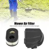 A person is mowing a lawn with a string trimmer, and the image displays a mower air filter and its cover. Produktbild-Vorschau