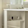 Close-up view of a white vanity table with cosmetic products on shelves. Voir les images du produit