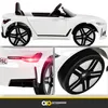 A collage of images showing a white electric BMW i4 toy car for children. Produktbild-Vorschau