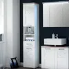 A tall white bathroom cabinet with a wood-tone top, next to a sink and vanity. The background is dark blue. Produktbild-Vorschau