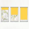 Three windows with yellow roller blinds, showing different levels of coverage. Produktbild-Vorschau
