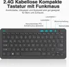 A close-up view of a compact wireless keyboard and mouse set, with German text and feature callouts. Produktbild-Vorschau