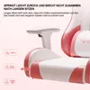 Close-up of a pink and white gaming chair, highlighting its features with text overlays. Anteprima dell’immagine prodotto