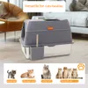 A cat litter box with a scoop is shown in a living room setting, with images of different cat sizes and a paw print graphic at the bottom. Náhľad obrázku produktu