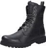 A black leather boot with laces and a white and black tag on the back. Voir les images du produit