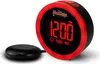 A red and black digital alarm clock with a vibrating puck is shown against a white background. Voir les images du produit