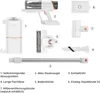 A flat lay of a cordless vacuum cleaner and its various attachments, laid out with numbered labels and descriptions. Produktbild-Vorschau