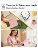 A collage of two images showing a pink iPad keyboard case being used by two different people in lifestyle settings. Produktbild-Vorschau