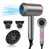 A professional studio shot of a hairdryer and its attachments against a white background. Produktbild-Vorschau