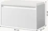 A white storage bench with a drawer and a cushioned top, shown with dimensions indicated. Produktbild-Vorschau