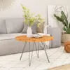 A round wooden coffee table with metal legs is placed in a living room setting, in front of a sofa. A vase with greenery and a decorative bowl are on the table. Náhled obrázku produktu