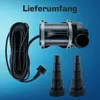 A product image showing a pump, its power cord, plug, and two hose adapters, with text overlay. Produktbild-Vorschau