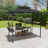A backyard patio with a black gazebo set up for a barbecue, featuring a grill, food, and firewood. Produktbild-Vorschau