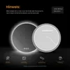 A marketing image showing a round LED mirror from the front and back, with feature icons and text. Produktbild-Vorschau
