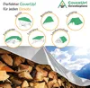 A collage of different uses for a CoverUp! Gewebeplane (fabric tarpaulin) is shown above a large pile of firewood covered by a white tarpaulin. Produktbild-Vorschau