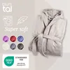 A folded gray bathrobe with a hood and belt, displayed with color swatches and marketing text. Produktbild-Vorschau