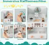 A collage of images showing how to use a toy coffee machine, with instructional text and graphics. Podgląd zdjęcia produktu