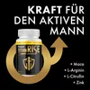A bottle of Titan Rise Premium capsules is shown against a black background, with a golden male symbol and an upward arrow graphic. Text highlights the product's benefits and ingredients. Produktbild-Vorschau