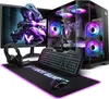 A gaming PC setup with monitor, computer tower, keyboard, mouse, and headphones, all illuminated with RGB lighting. Produktbild-Vorschau