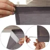 Close-up shots demonstrating how to attach a curtain panel using velcro and a rail system. Produktbild-Vorschau
