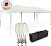 A white pop-up tent is shown fully assembled, with a folded version and a carrying bag displayed in the foreground. A circular logo with the German flag and text is visible in the upper left corner. Produktbild-Vorschau