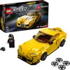 A LEGO Speed Champions Toyota GR Supra set, including the assembled car, a minifigure, and spare parts, displayed with its packaging. Náhled obrázku produktu