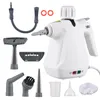 A white handheld steam cleaner with various attachments laid out around it on a white background. Produktbild-Vorschau