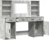 A makeup vanity with a mirror and lights, drawers, and cabinets. Podgląd zdjęcia produktu