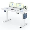 A white standing desk with two monitors, a keyboard, mouse, headphones, a plant, and a briefcase. Produktbild-Vorschau