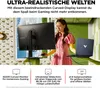 A woman is using a curved gaming monitor and a laptop in a room with a window. Produktbild-Vorschau